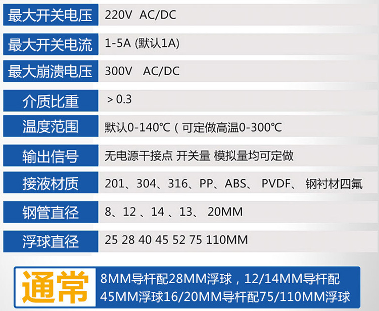 高溫浮球液位計技術參數(shù)對照表